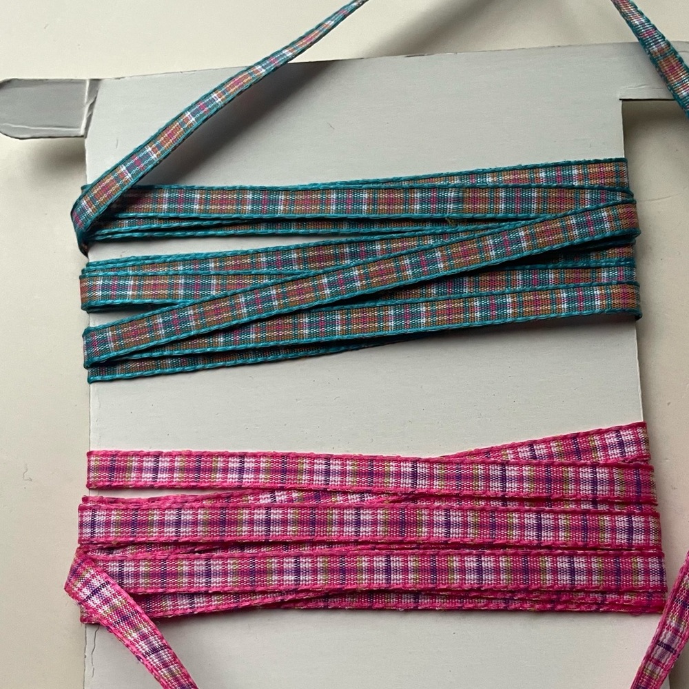 9yd ribbon trim plaid pink & Blue skinny tape sewing craft gift NEW